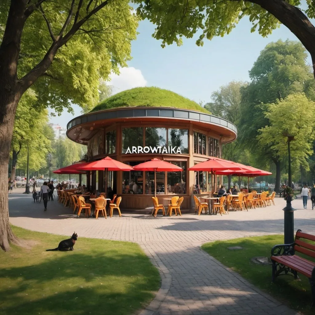 Prompt: A cafe on a park named ARROWMATIKA on the park
