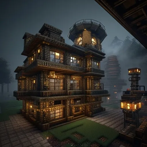 Prompt: A Steampunk-inspired Minecraft house with brass and copper details, built using the Create mod. The structure features gears, cogs, and large rotating windmill blades attached to the side. The house is multi-leveled, with a rounded, metal roof and tall chimneys releasing steam. Pipes run along the exterior walls, and there are mechanical contraptions visible, like conveyor belts, pistons, and steam engines. The building is illuminated by lanterns and glows softly in the evening light. Surrounding the house is a workshop area with automated machinery and a garden of mechanical crops, all set in a misty industrial landscape.