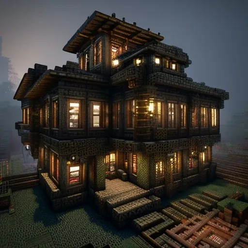 Prompt: A Steampunk-inspired Minecraft house with brass and copper details, built using the Create mod. The structure features gears, cogs, and large rotating windmill blades attached to the side. The house is multi-leveled, with a rounded, metal roof and tall chimneys releasing steam. Pipes run along the exterior walls, and there are mechanical contraptions visible, like conveyor belts, pistons, and steam engines. The building is illuminated by lanterns and glows softly in the evening light. Surrounding the house is a workshop area with automated machinery and a garden of mechanical crops, all set in a misty industrial landscape.