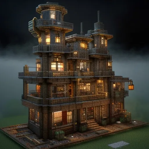 Prompt: A Steampunk-inspired Minecraft house with brass and copper details, built using the Create mod. The structure features gears, cogs, and large rotating windmill blades attached to the side. The house is multi-leveled, with a rounded, metal roof and tall chimneys releasing steam. Pipes run along the exterior walls, and there are mechanical contraptions visible, like conveyor belts, pistons, and steam engines. The building is illuminated by lanterns and glows softly in the evening light. Surrounding the house is a workshop area with automated machinery and a garden of mechanical crops, all set in a misty industrial landscape.