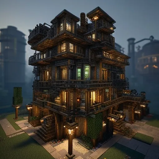 Prompt: A Steampunk-inspired Minecraft house with brass and copper details, built using the Create mod. The structure features gears, cogs, and large rotating windmill blades attached to the side. The house is multi-leveled, with a rounded, metal roof and tall chimneys releasing steam. Pipes run along the exterior walls, and there are mechanical contraptions visible, like conveyor belts, pistons, and steam engines. The building is illuminated by lanterns and glows softly in the evening light. Surrounding the house is a workshop area with automated machinery and a garden of mechanical crops, all set in a misty industrial landscape.