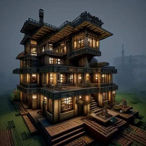 Prompt: A Steampunk-inspired Minecraft house with brass and copper details, built using the Create mod. The structure features gears, cogs, and large rotating windmill blades attached to the side. The house is multi-leveled, with a rounded, metal roof and tall chimneys releasing steam. Pipes run along the exterior walls, and there are mechanical contraptions visible, like conveyor belts, pistons, and steam engines. The building is illuminated by lanterns and glows softly in the evening light. Surrounding the house is a workshop area with automated machinery and a garden of mechanical crops, all set in a misty industrial landscape.