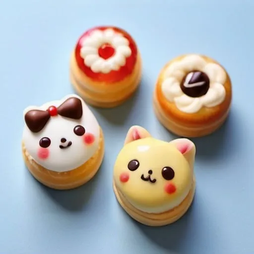 Prompt: Japanese confectionery delicious and cute pastries so that everyone wants to eat them write on each picture what kind of pastries they are in a creative minimalist font, there is only 1 pastry in each picture