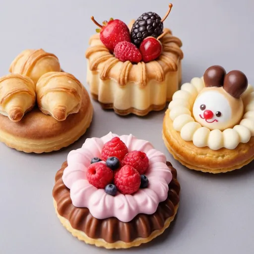 Prompt: 4 different confectionery delicious and cute pastries so that everyone would want to eat them