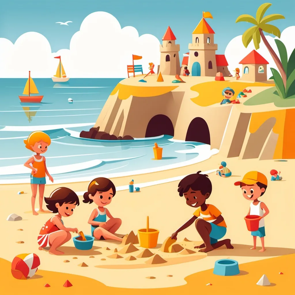 Prompt: 2D cartoon style, a serene beach scene with children building sandcastles, bright and cheerful colors.