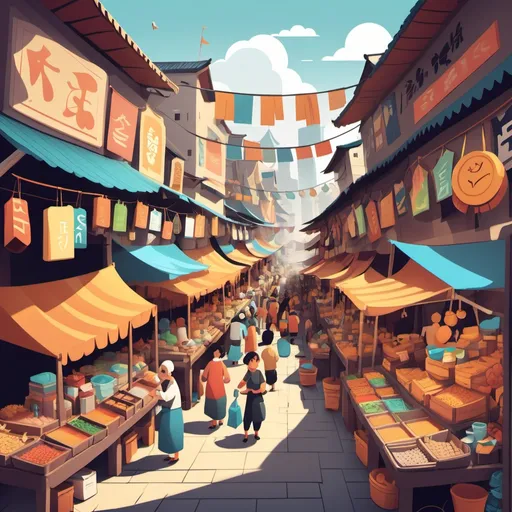 Prompt: 2D cartoon style, a bustling marketplace with various vendors, colorful stalls, and lively characters.