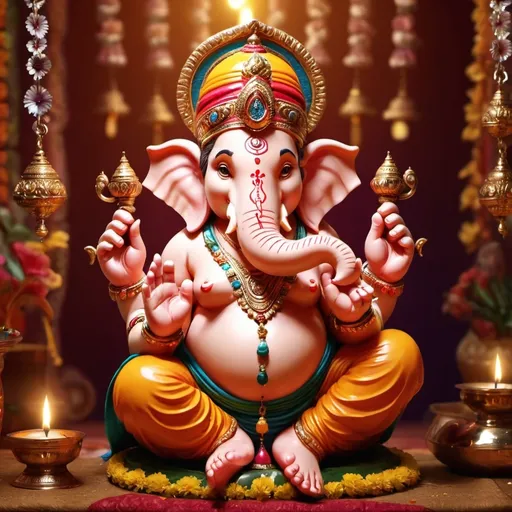 Prompt: Ganpati Bappa in a traditional pose with colorful decorations