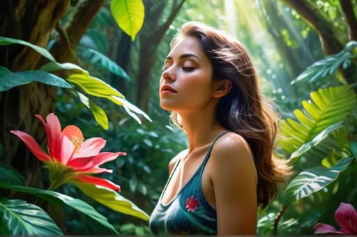 Prompt: (female figure) exploring a lush, vibrant jungle, surrounded by (green leaves, colorful flowers), the atmosphere filled with mystery and adventure, she has a serene expression as she discovers a fragrant blossom, dappled sunlight filtering through the treetops, rich colors capturing the lushness of nature, (ultra-detailed), conveying a sense of tranquility and wonder.