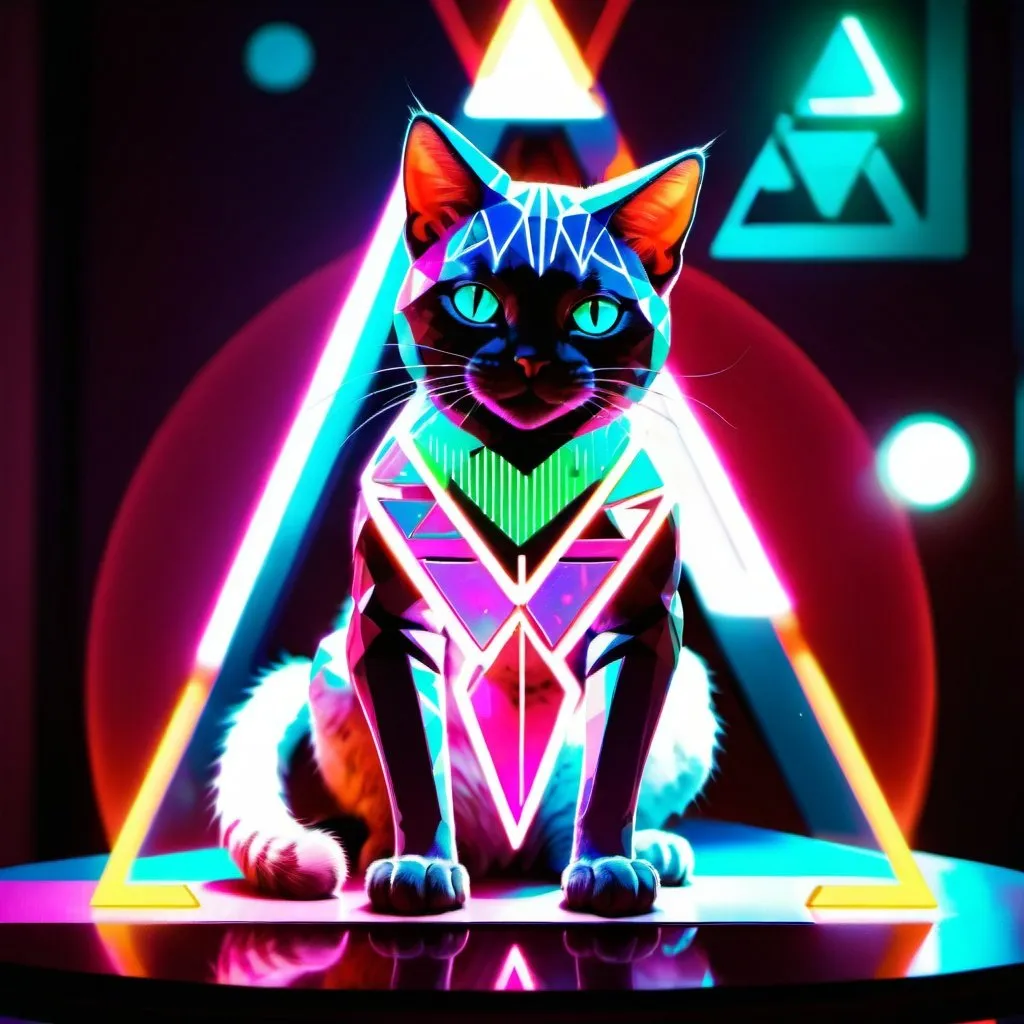 Prompt: a cat with a triangle and triangle designs on it's body, sitting on a table, with a neon light on it, Android Jones, holography, rossdraws global illumination, a hologram