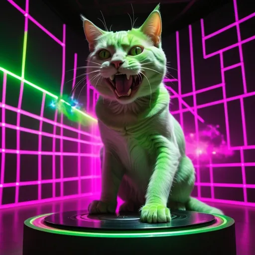 Prompt: hyperrealistic sharp focus bioluminescent smiling cat with glowing laser shooting eyes playing dj with a unicorn dog hybrid dusted with magenta and lime green spraypaint in a grid with funny Galaxy Stars on a pedestal by ron mueck and duane hanson and lee bontecou, with hyperrealistic dramatic colored lighting universe 8 k trippy magic cinematic  