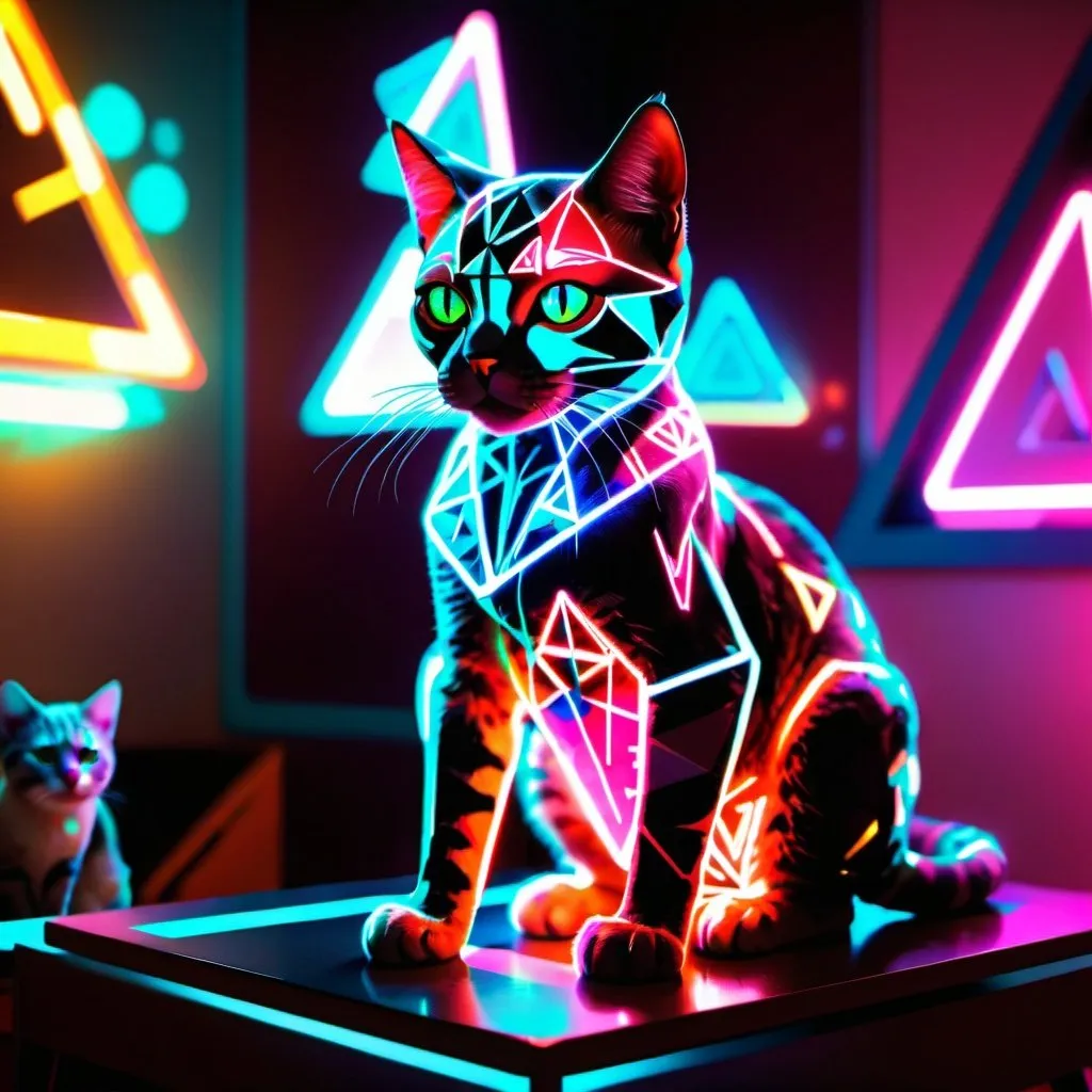 Prompt: a cat with a triangle and triangle designs on it's body, sitting on a table, with a neon light on it, Android Jones, holography, rossdraws global illumination, a hologram