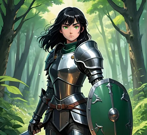 Prompt: Anime illustration of a female knight in leather armor, holding a sword and shield, no helmet, lush forest setting, black hair, striking green eyes, Studio Ghibli style, detailed armor, vibrant nature, anime, fantasy, detailed eyes, full plate armor, sword and shield, lush forest, black hair, green eyes, Studio Ghibli style, vibrant colors, detailed, atmospheric lighting