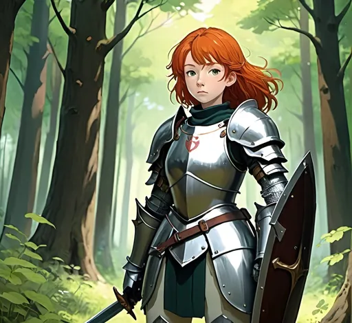 Prompt: anime style, full plate armor, female knight, sword and a shield, no helmet, in forest, ginger hair, studio ghibli style