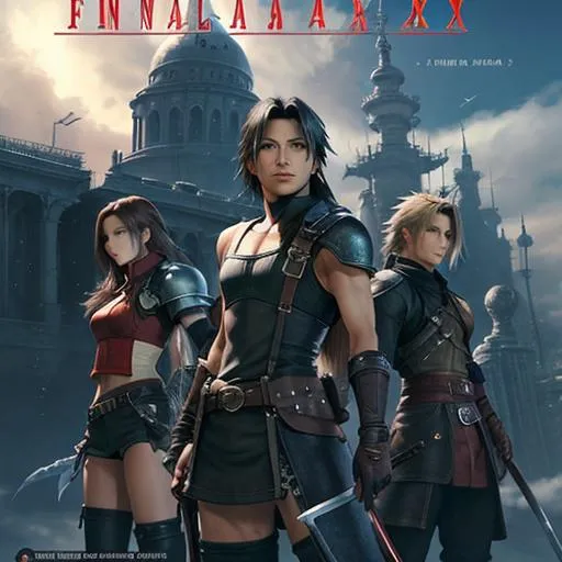 Prompt: Prediction for what the cover of Final Fantasy XVII will look like, complete with all the main characters and the new logo