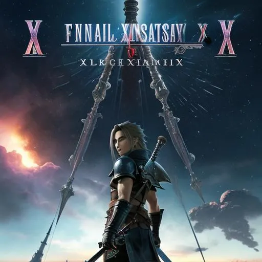 Prompt: Prediction for what the cover of Final Fantasy XVII will look like, complete with all the main characters and the new logo