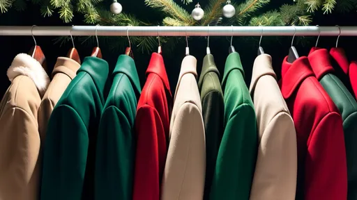 Prompt: rack of used coats surrounded by lit christmas trees and negative space to add text