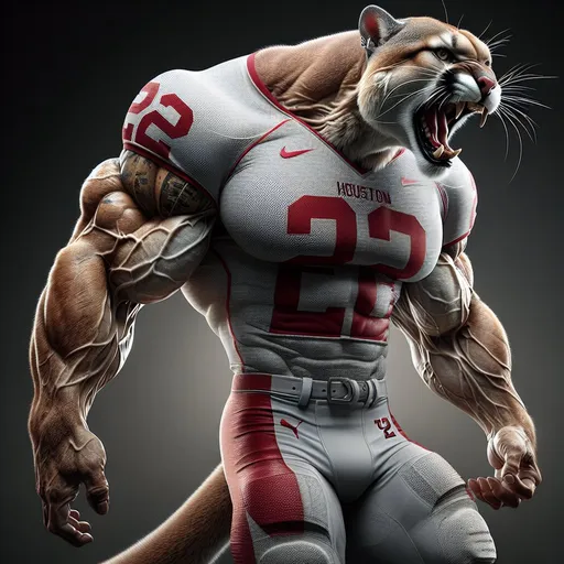 Prompt: prowling, Intimidating, muscular, vicious screaming cougar, athletic red, white and cu Light grey american football uniform, the word Houston on jersey, the number 22 on the jersey, accurate depiction, hyperrealistic, no deformities, CGI, VFX, SFX, ultra-realistic, global illumination, super detail, photo lighting,  4k, epic photo realism, digital art, realism, high resolution, realistic  rendering, super realistic, global illumination, super detailed 