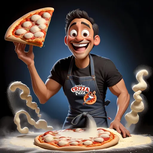 Prompt: Flour dust in the air, Hispanic cook with apron tossing raw dough into a  Pizza shape in the air, covered in flour, Pixar art, wearing a black t-shirt that says the words "CRAVEABLY CRAFTED", dark denim jeans, and black shoes. Pizza logo on shirt, smiling, happy