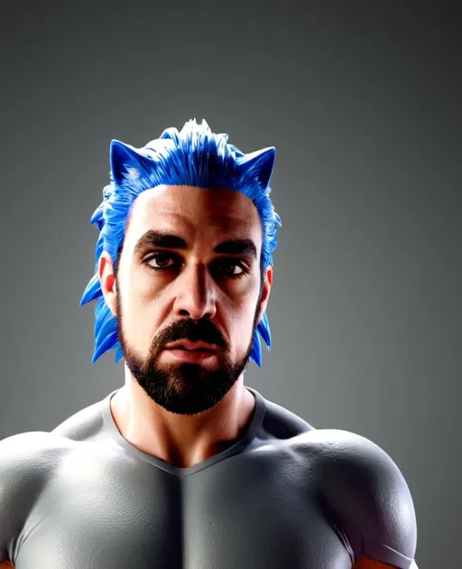 Prompt: Guy with Sonic the hedgehog body, VFX, SFX, ultra-realistic, global illumination, super detail, photo lighting, 4k, epic photo realism, digital art, realism, high resolution, realistic rendering, super realistic, global illumination, super detailed