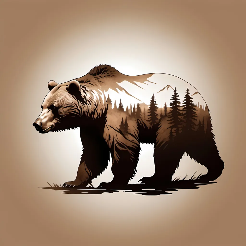 Prompt: Stencil for tattoo of Silhouette of brown bear, brown sepia color, minimilist,  accurate depiction, hyperrealistic, no deformities, CGI, VFX, SFX, ultra-realistic, super detail, photo lighting,  4k, epic photo realism, digital art, realism, high resolution, realistic  rendering, super realistic, super detailed 