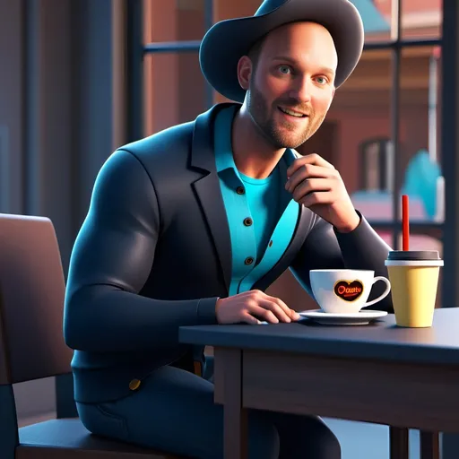 Prompt: Strong Disney Cartoon art, Charachter drawing, Disney pixar character, 3d render style, man with sombrero sitting at desk drinking coffee, cinematic colors