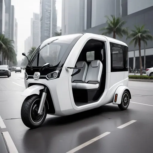 Prompt: Futuristic 3-seater electric tuk tuk, sleek design, ultra-detailed, clean and simple, high-tech, minimalistic, white and silver tones, urban background, professional rendering, futuristic, clean lines, city transportation, high quality, modern, spacious interior, electric vehicle, futuristic design