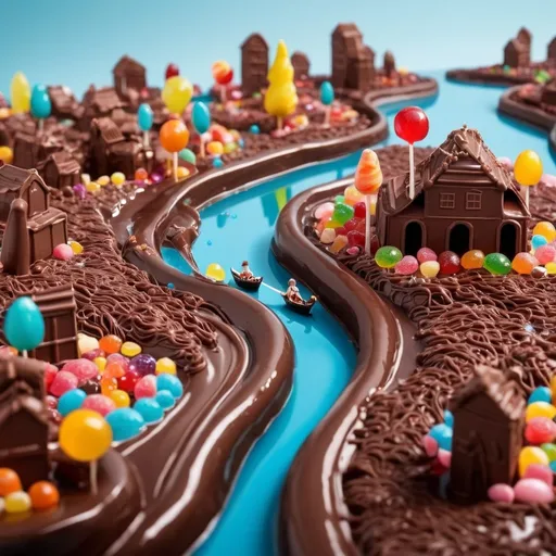 Prompt: Lollipop city that has a chocolate river with a boat made with jelly with a candy person in that