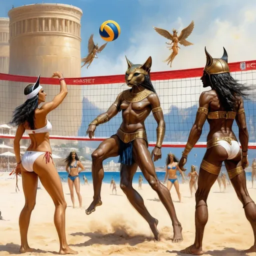 Prompt: a beach volleyball match between the Egyptian gods Bastet and Horus and the Greek gods Zeus and Hera. in Monaco in the style of luis Royo