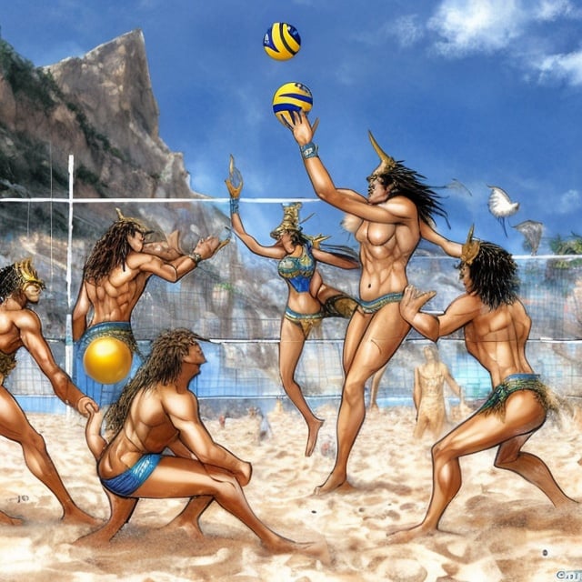 Prompt: a beach volleyball match between the Egyptian gods Bastet and Horus and the Greek gods Zeus and Hera. in Monaco in the style of luis Royo