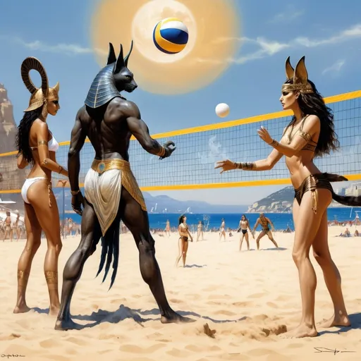 Prompt: a beach volleyball match between the Egyptian gods Bastet and Horus and the Greek gods Zeus and Hera. in Monaco in the style of luis Royo