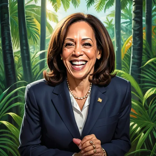 Prompt: Crazy caricature of Kamala Harris  laughing menacingly under a coconut tree 


