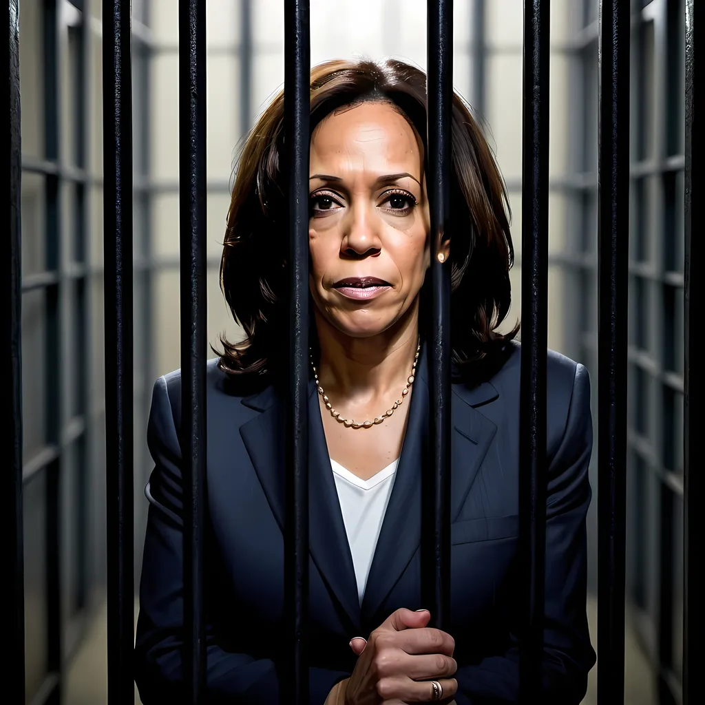 Prompt: Kamala Harris behind jail cell bars


