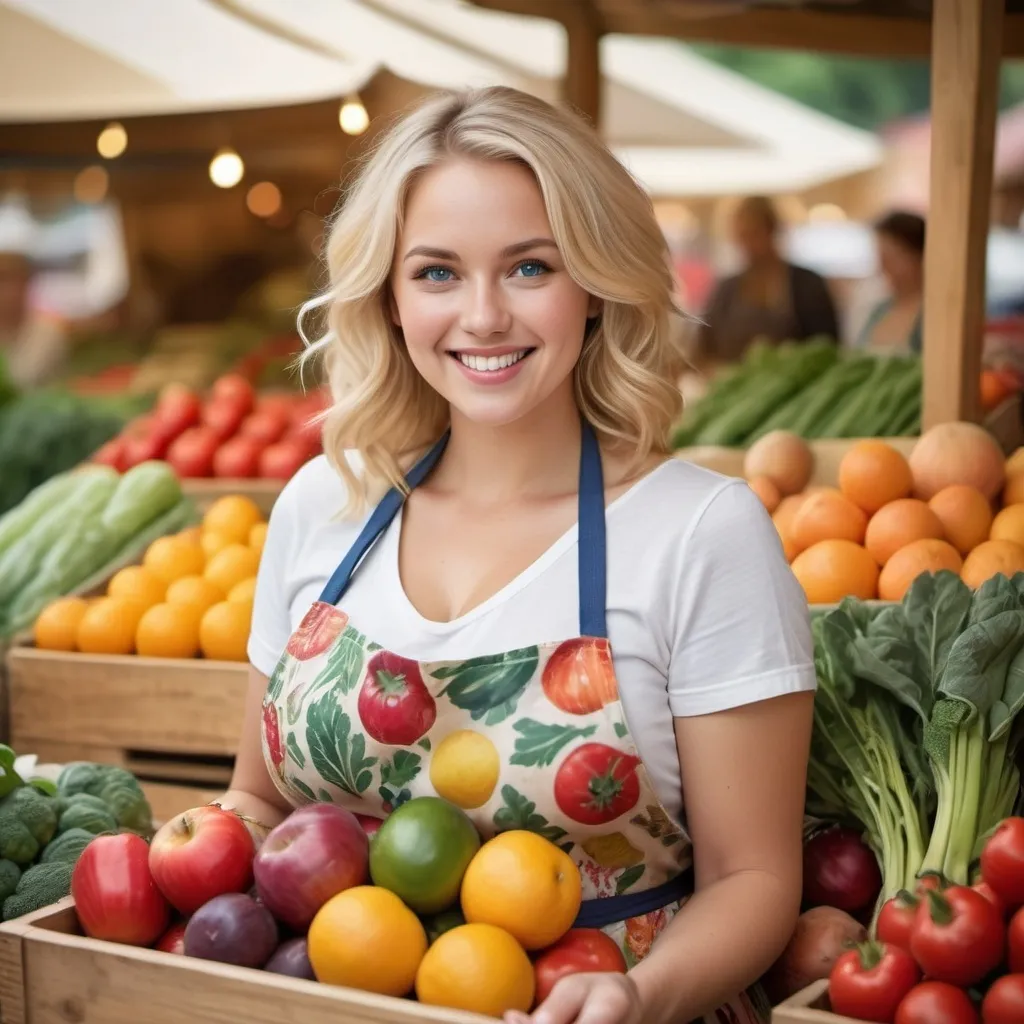 Prompt: une femme blonde avec des formes qui vend des fruits et légumes