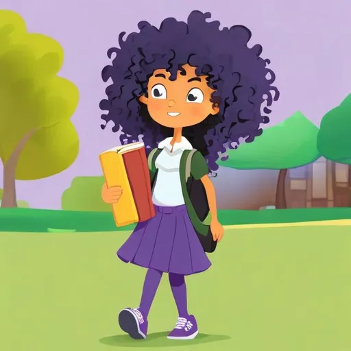 Prompt: 
A cartoon girl has purple curly hair . She is holding books and walking to the library. It's a full length picture
