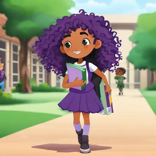 Prompt: 
A cartoon girl has purple curly hair . She is holding books and walking to the library. It's a full length picture
