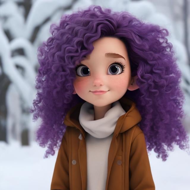 Prompt: 
A cartoon girl has purple curly hair  in a full lenght. She is wearing winter clothes.
