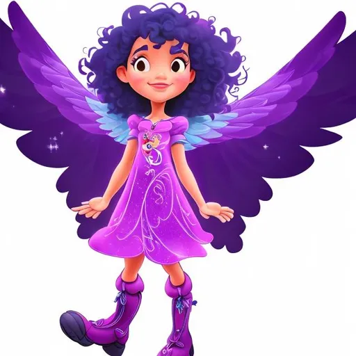 Prompt: 
A Disney girl has purple curly hair,  with beautiful wings with bright English letters on it. She is wearing a bright dress and black boots. She shows how to learn. 
On a white background
