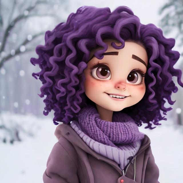 Prompt: 
A cartoon girl has purple curly hair . She is wearing winter clothes. It's a full length picture
