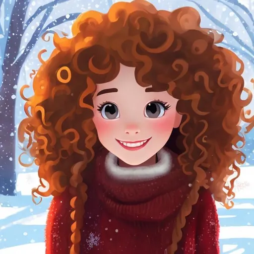 Prompt: 
A disney girl has red curly hair . She is walking in winter park. It's a full length picture
