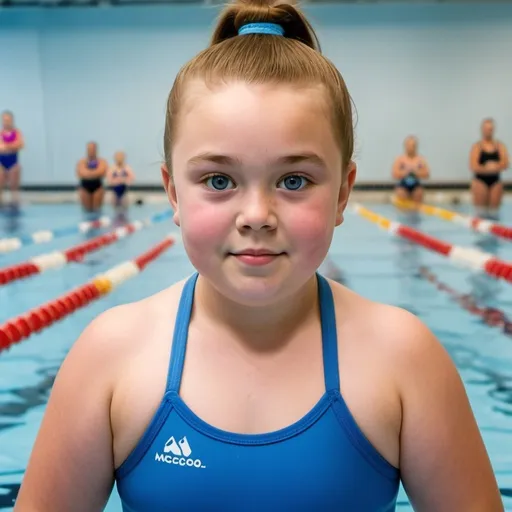 Prompt: Ten year old chubby girl in swimsuit with high ponytail in back, brown hair, round face, round body, blue eyes, no braids facing woman swim instructor