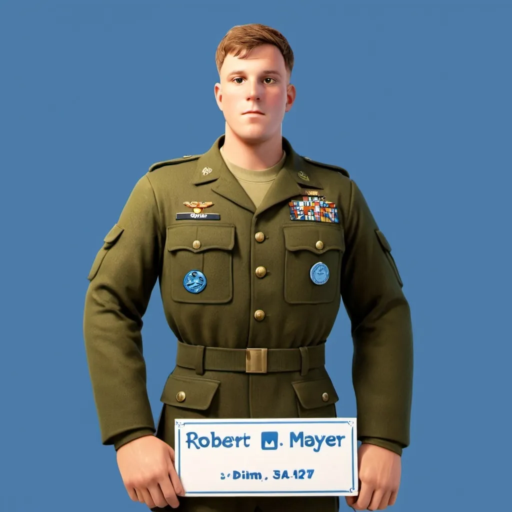 Prompt: A Disney Pixar animation 3D portrait of a man in a military uniform posing for a picture in front of a blue background with a name tag, Robert Mayer, serial art, full body portrait, a character portrait in a semi real-life semi-cartoon style