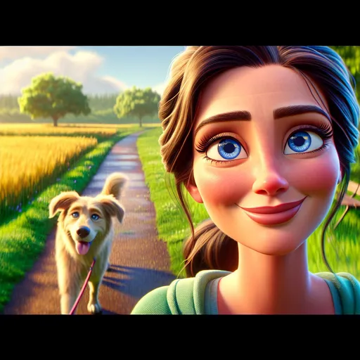 Prompt: A Disney Pixar-style woman with large, expressive blue eyes, a content smile, and a walking a do in the park with vibrant colors and detailed shading in a modern, Pixar-inspired 3D art style