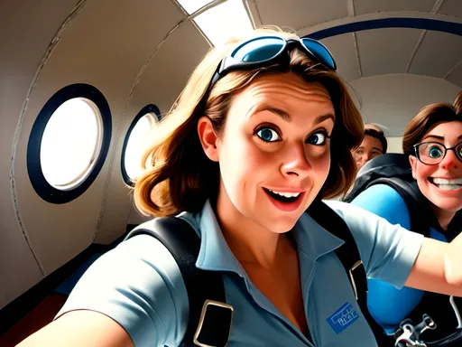 Prompt: Disney Pixar animated style with wide eye and happy demeanor adult women with full figure and bright blue eyes enthusiastically smiling waiting to get on a jump plane with her skydiving gear on and blue helmet in her hand