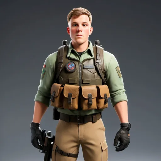 Prompt: A Disney Pixar-style soldier with a heroic and approachable demeanor. He has a strong, athletic build, a square jaw, and expressive, kind eyes. His uniform is detailed with a modern military aesthetic, including a fitted camo-patterned jacket, utility belt, and sturdy boots. His helmet is slightly oversized in Pixar’s signature cartoonish style, with a small emblem or patch adding a personal touch. The soldier carries a lightweight backpack and stands confidently, holding a piece of equipment (like binoculars or a communication device), ready for action. The setting is neutral, emphasizing his character, with a vibrant and colorful Pixar-inspired 3D look.