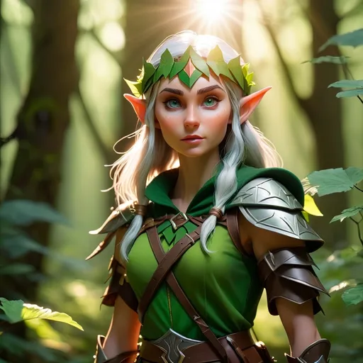 Prompt: Elf ranger in a mystical forest around sunlight
