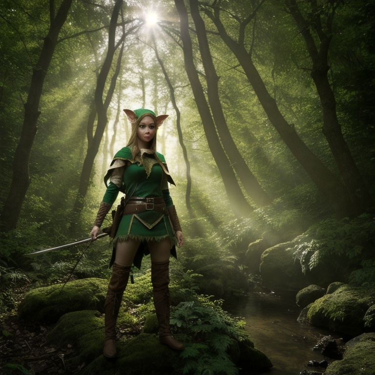 Prompt: Elf ranger in a mystical forest around sunlight