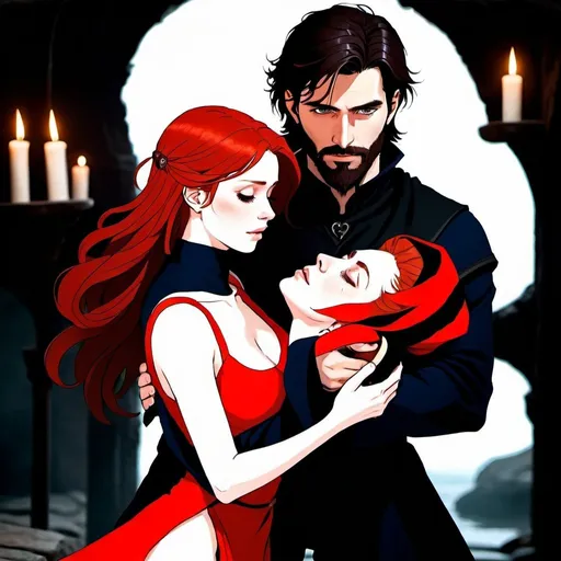 Prompt: Dark haired short bearded handsome man carrying unconscious red haired female mage romantic image 