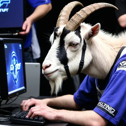 Prompt: a goat bullying Starcraft player playing on a computer