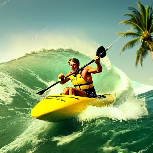 Prompt: (powerful kayaker surfing over waves), dynamic ocean waves, vibrant tropical beach backdrop, lush palm trees swaying, scattered Christmas trees blending in, warm sunlight glistening off the water, cheerful atmosphere, action-packed scene, high details, ultra-detailed, high quality, capturing thrill and excitement of water sports.