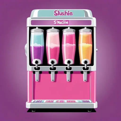 Prompt: illustrated slushie machine with three flavours in a retro style in pinks and purples facing the front